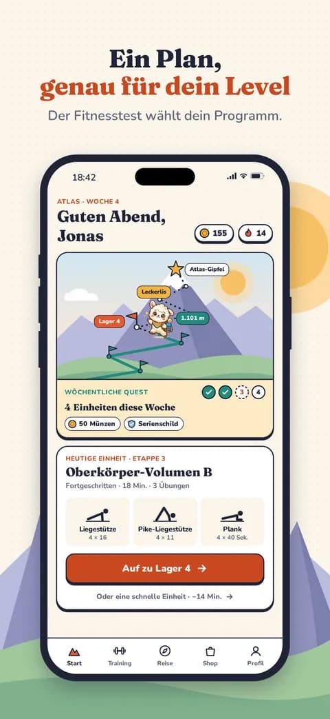 Ein Plan, genau für dein Level — Der Fitnesstest wählt dein Programm.