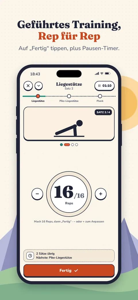 Geführtes Training, Rep für Rep — Auf „Fertig“ tippen, plus Pausen-Timer.
