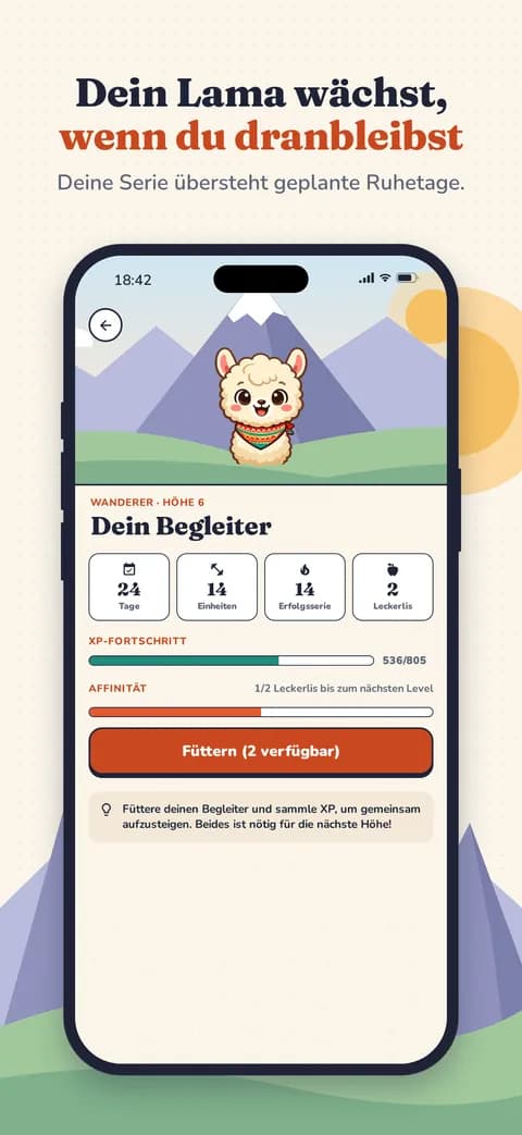 Dein Lama wächst, wenn du dranbleibst — Deine Serie übersteht geplante Ruhetage.