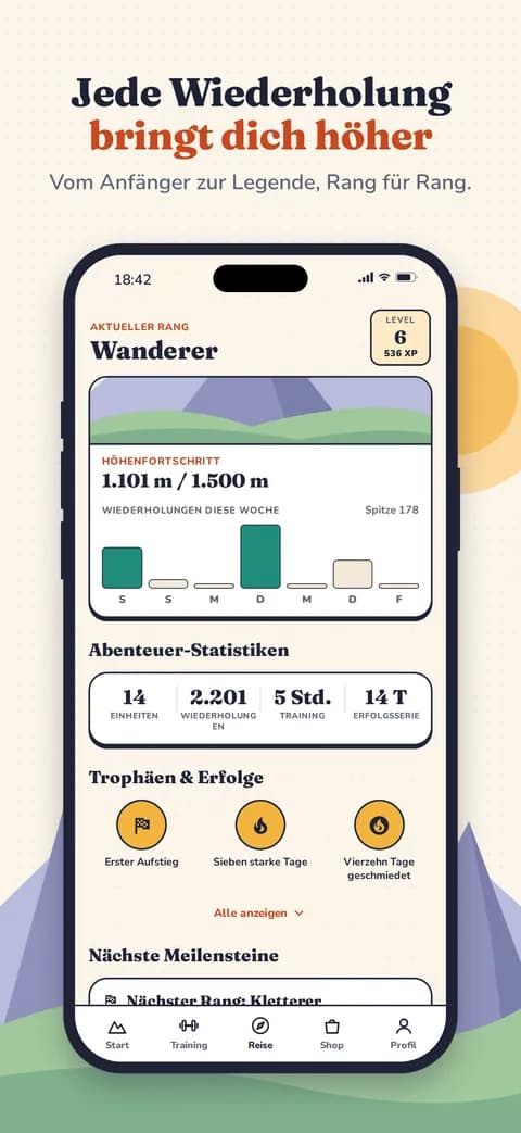 Jede Wiederholung bringt dich höher — Vom Anfänger zur Legende, Rang für Rang.