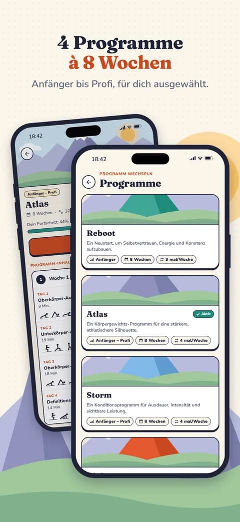 4 Programme à 8 Wochen — Anfänger bis Profi, für dich ausgewählt.