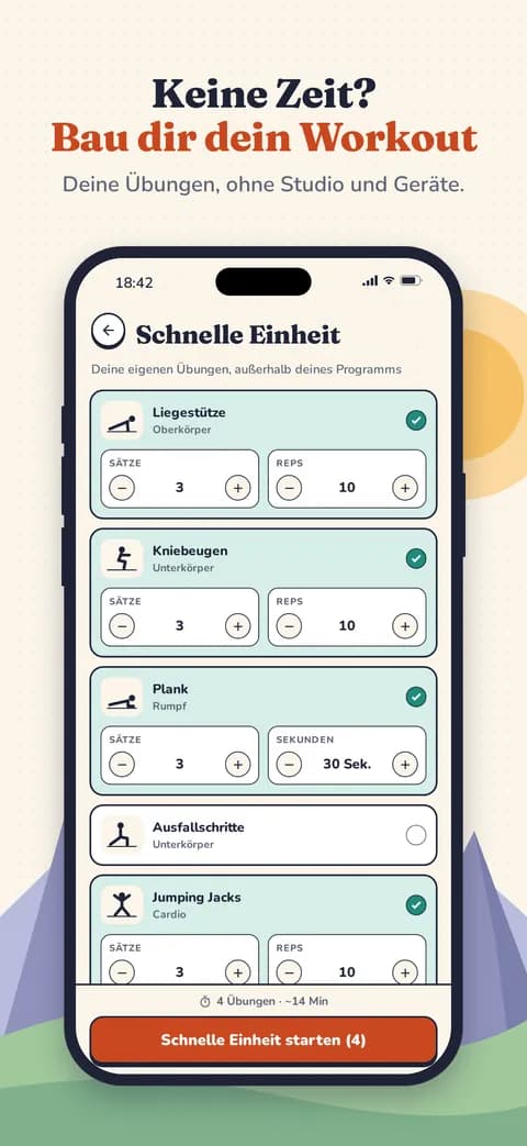 Keine Zeit? Bau dir dein Workout — Deine Übungen, ohne Studio und Geräte.