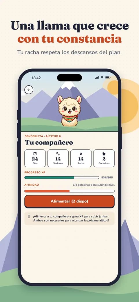 Una llama que crece con tu constancia — Tu racha respeta los descansos del plan.