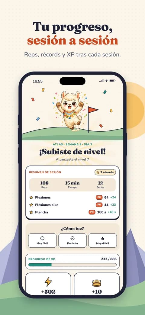 Tu progreso, sesión a sesión — Reps, récords y XP tras cada sesión.