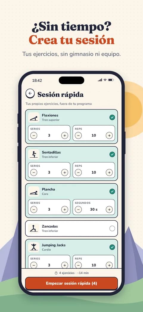 ¿Sin tiempo? Crea tu sesión — Tus ejercicios, sin gimnasio ni equipo.