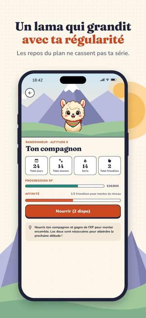 Un lama qui grandit avec ta régularité — Les repos du plan ne cassent pas ta série.