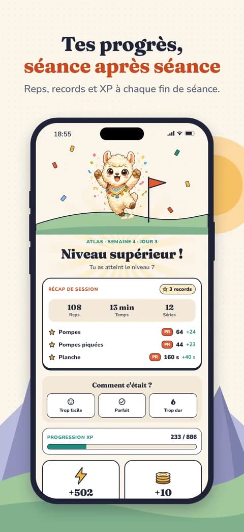 Tes progrès, séance après séance — Reps, records et XP à chaque fin de séance.