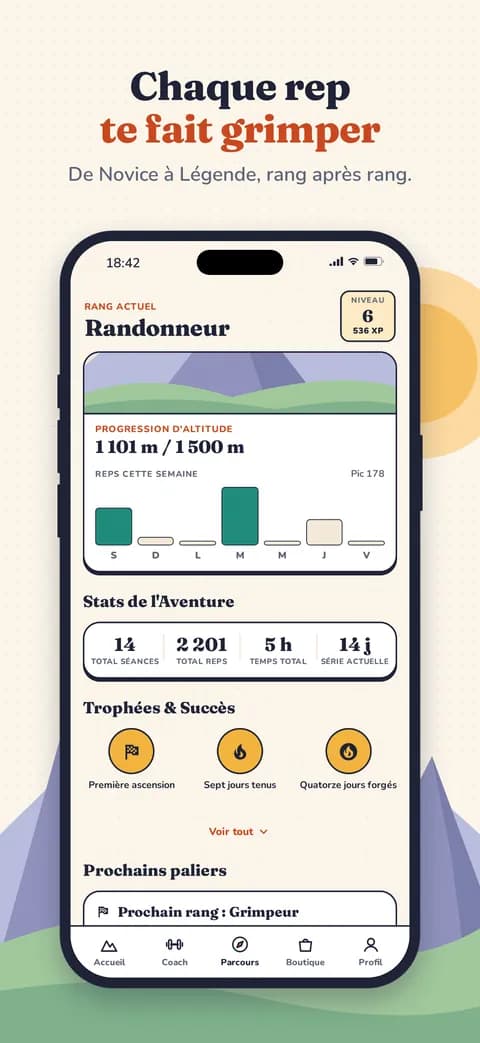 Chaque rep te fait grimper — De Novice à Légende, rang après rang.