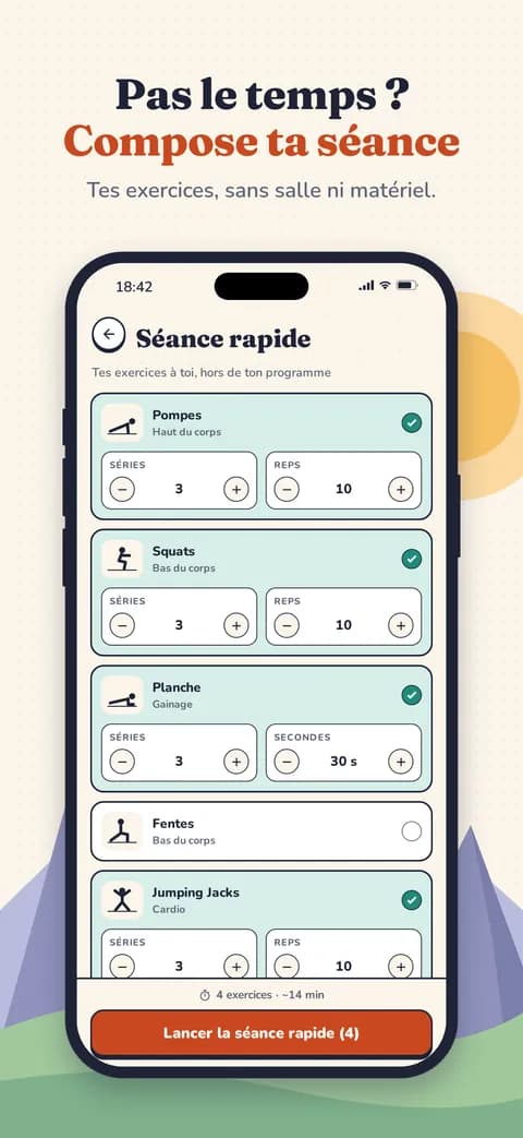 Pas le temps ? Compose ta séance — Tes exercices, sans salle ni matériel.
