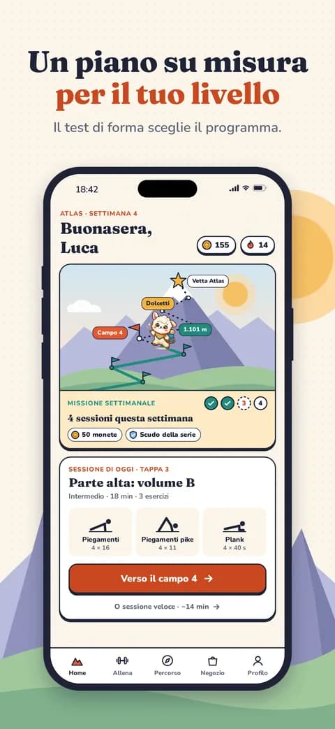 Un piano su misura per il tuo livello — Il test di forma sceglie il programma.