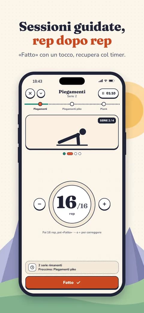 Sessioni guidate, rep dopo rep — «Fatto» con un tocco, recupera col timer.