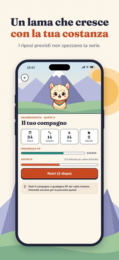 Un lama che cresce con la tua costanza — I riposi previsti non spezzano la serie.