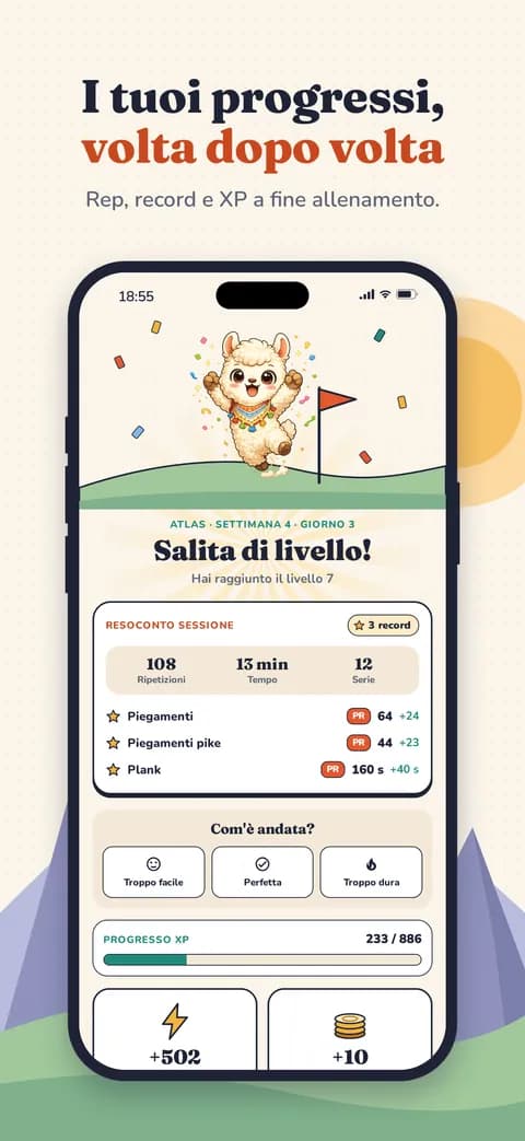 I tuoi progressi, volta dopo volta — Rep, record e XP a fine allenamento.