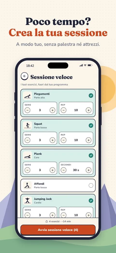 Poco tempo? Crea la tua sessione — A modo tuo, senza palestra né attrezzi.