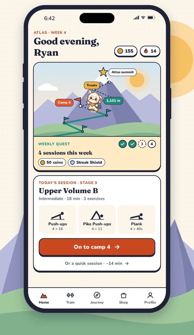 Puna's home screen: the trail map toward the summit of the program, the weekly quest and today's session