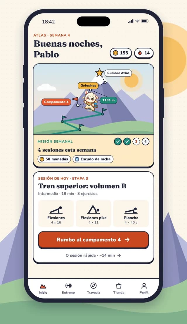 La pantalla de inicio de Puna: el mapa del sendero hasta la cumbre del programa, la misión semanal y la sesión de hoy