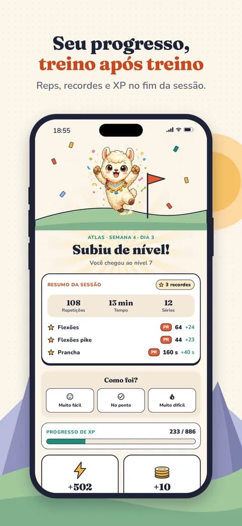 Seu progresso, treino após treino — Reps, recordes e XP no fim da sessão.