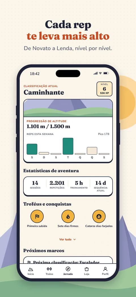 Cada rep te leva mais alto — De Novato a Lenda, nível por nível.