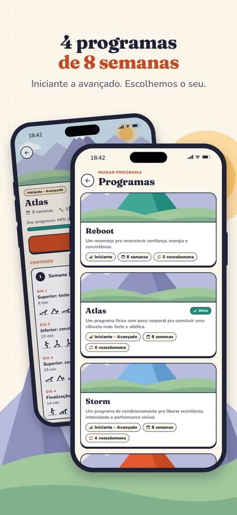 4 programas de 8 semanas — Iniciante a avançado. Escolhemos o seu.