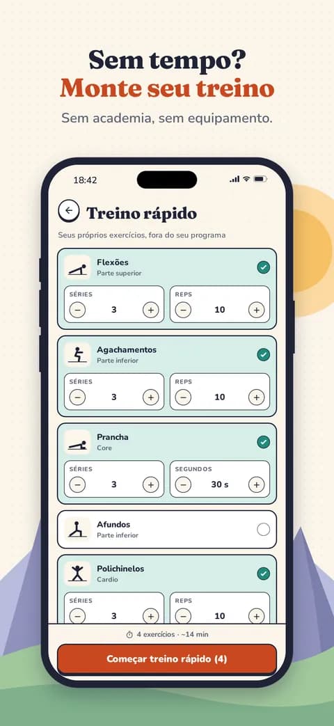 Sem tempo? Monte seu treino — Sem academia, sem equipamento.